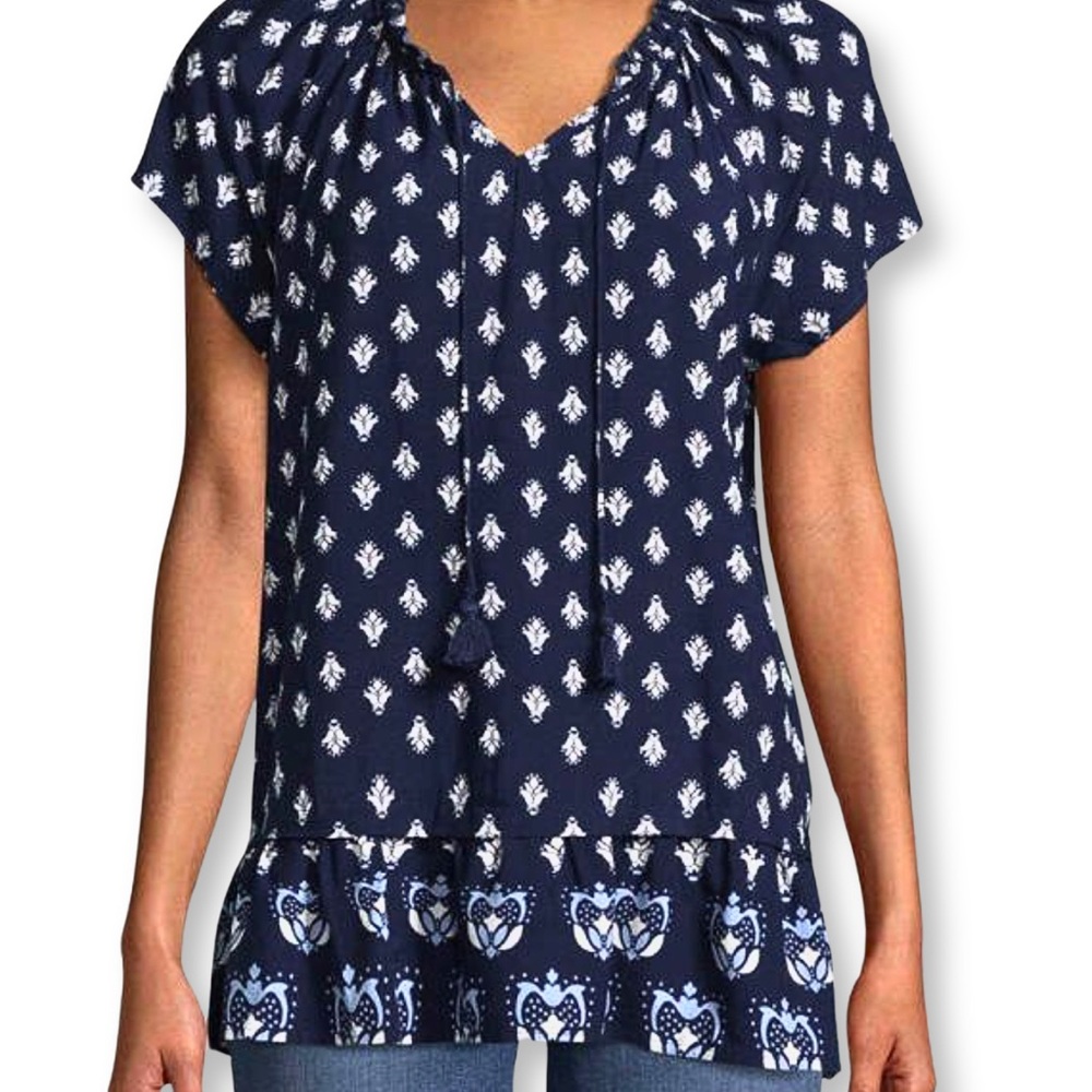 St. John’s Bay Navy Blue and White Printed Short Sleeves Top Womens SZ Medium